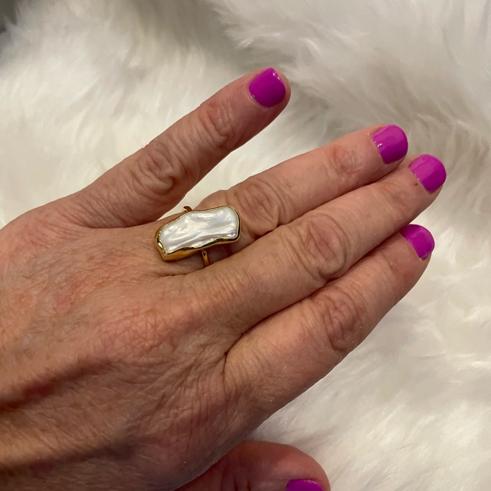 925 Sterling Silver with gold plated Baroque Pearl adjustable statement ring